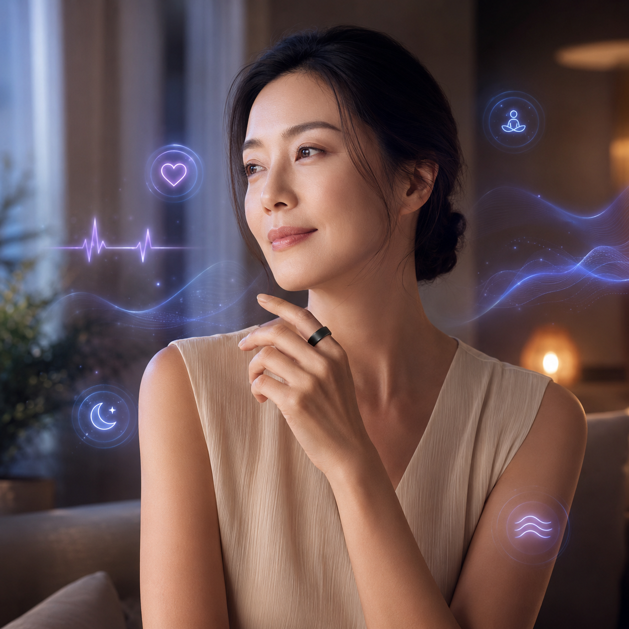 Người phụ nữ đeo JBA AICare Ring, lắng nghe tín hiệu cơ thể